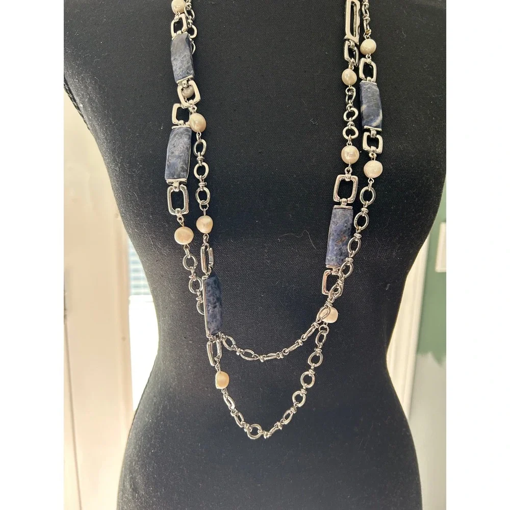 WHBM White House Black Market Silver Tone Layered Necklace Blue Stone Faux Pearl